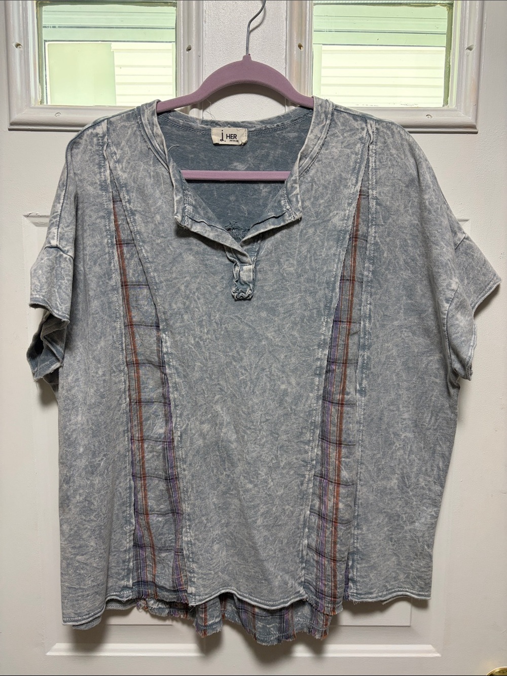 HER Washed Light Blue Short-Sleeve Women's Tee with Plaid Trim